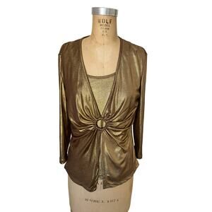 Libra Metallic Gold Vintage V Neck Long Sleeve Top with Ring size S/P